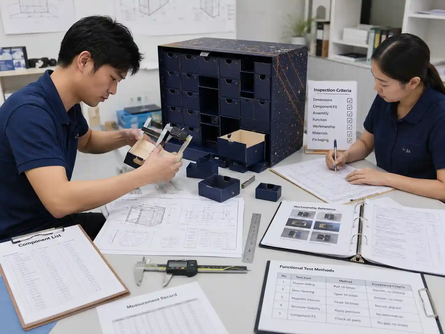 Packaging engineers defining measurable third-party inspection checks for a multi-component advent calendar box.