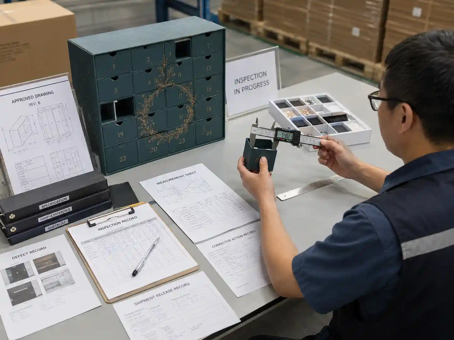 Independent quality inspector checking measurements, components and records for multi-component advent calendar boxes.