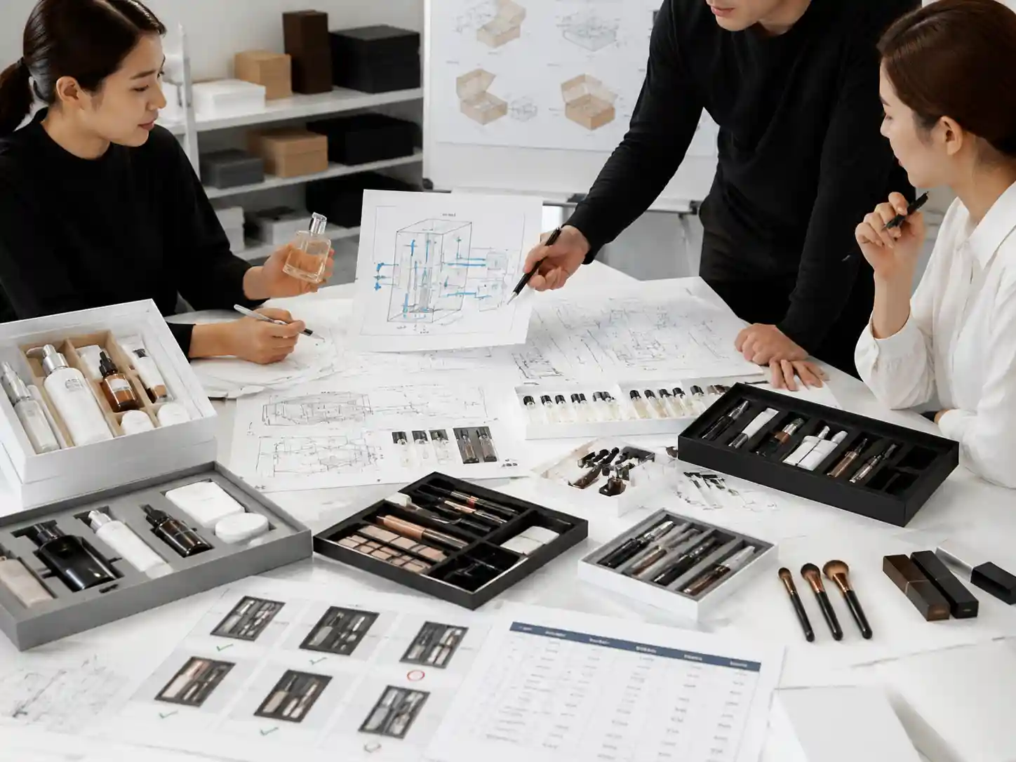 Packaging specialists reviewing perfume gift set ventilation and odor separation design with fragrance samples and approval records