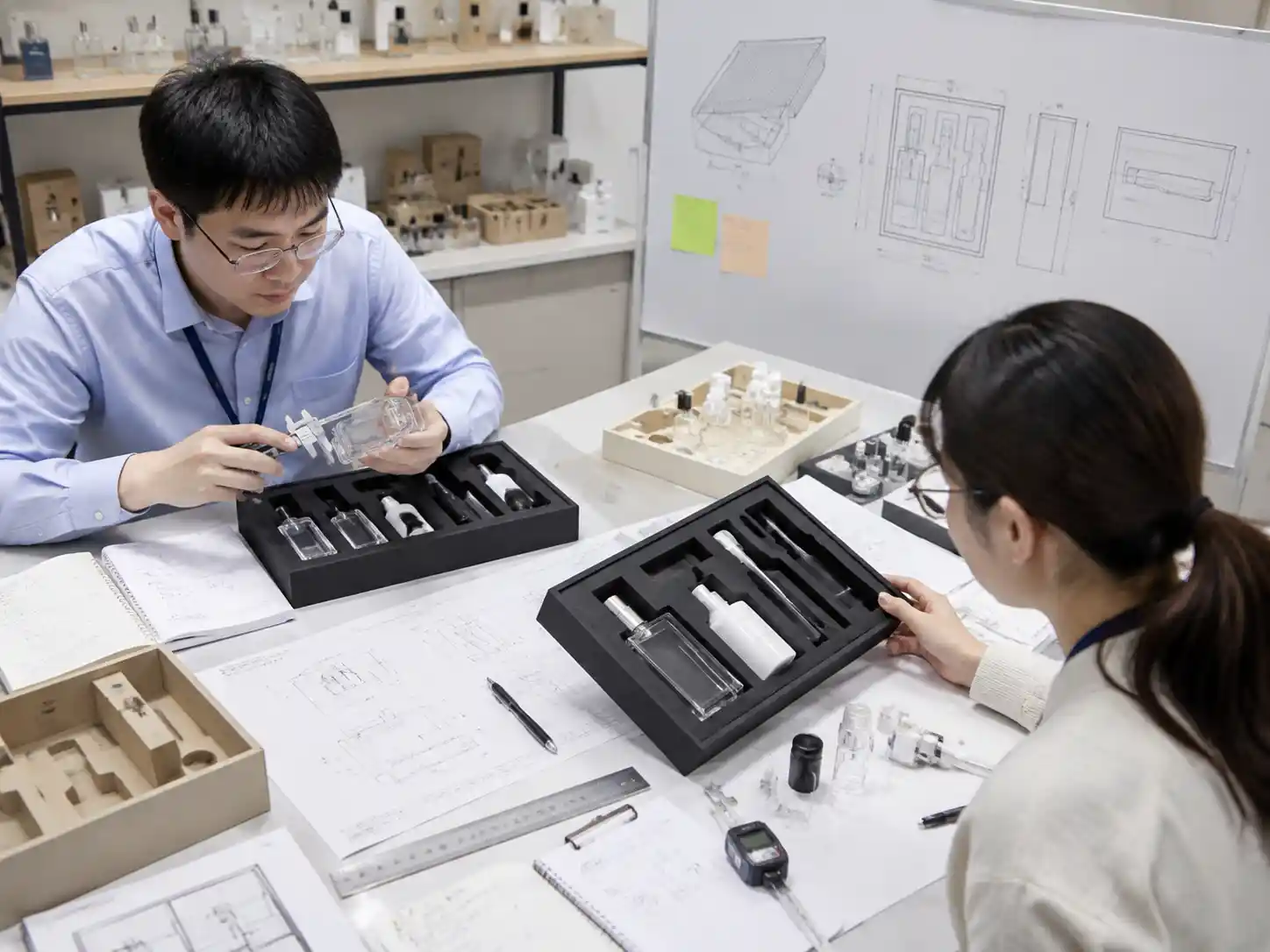 Packaging engineers testing fragrance gift set inserts and ventilation layouts with prototype samples