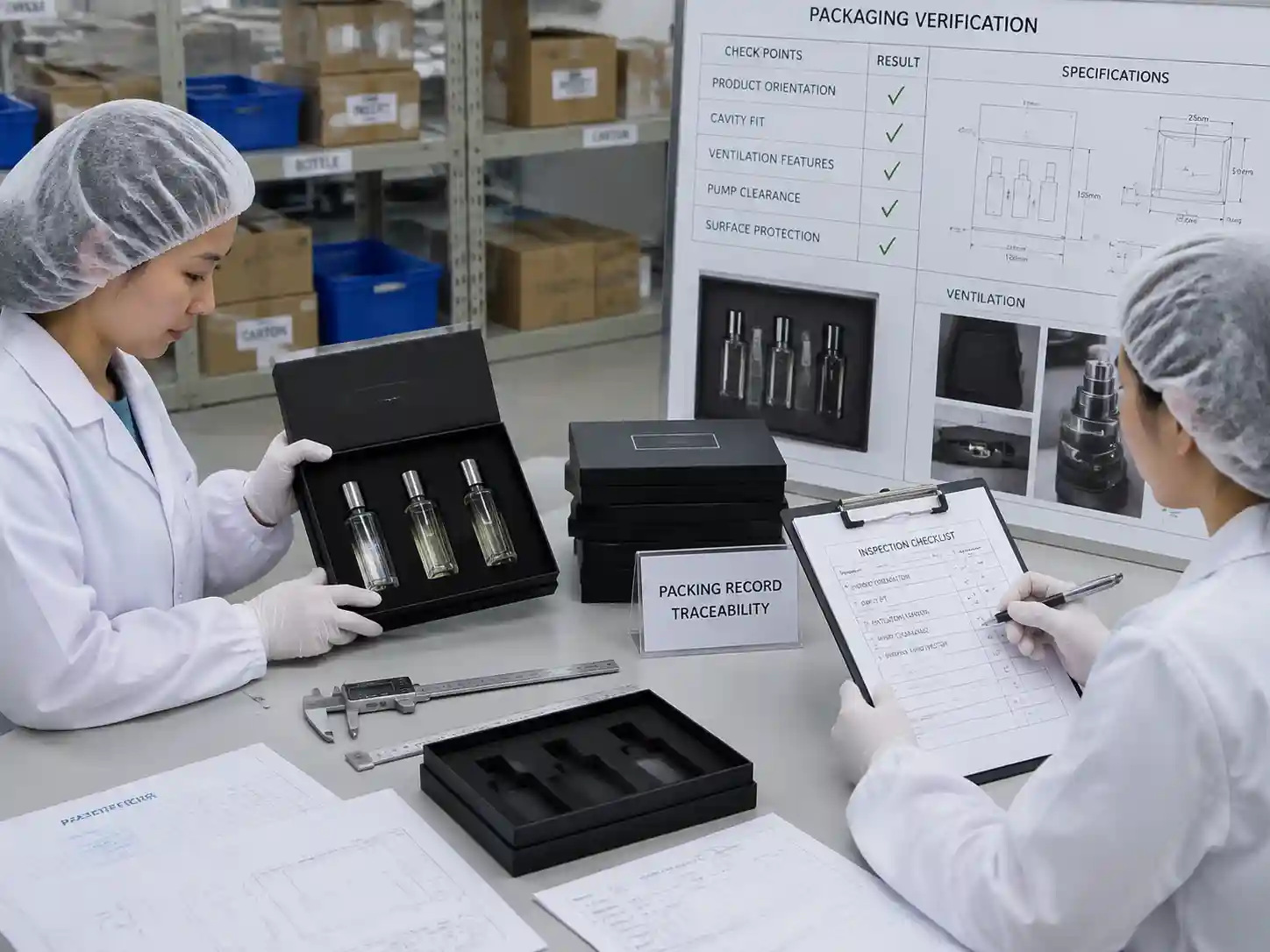 QC staff verifying fragrance gift set packaging ventilation and odor separation records with inspection documents