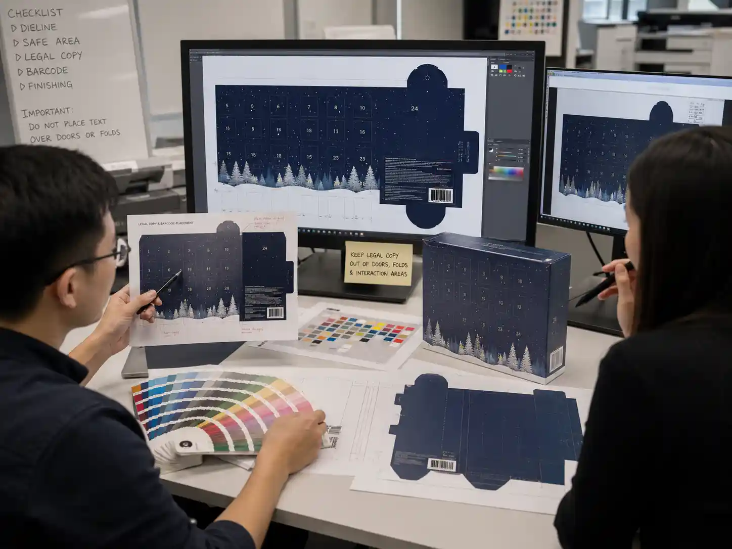 Packaging designers reviewing legal copy placement on an advent calendar artwork using dielines and prepress proofs.