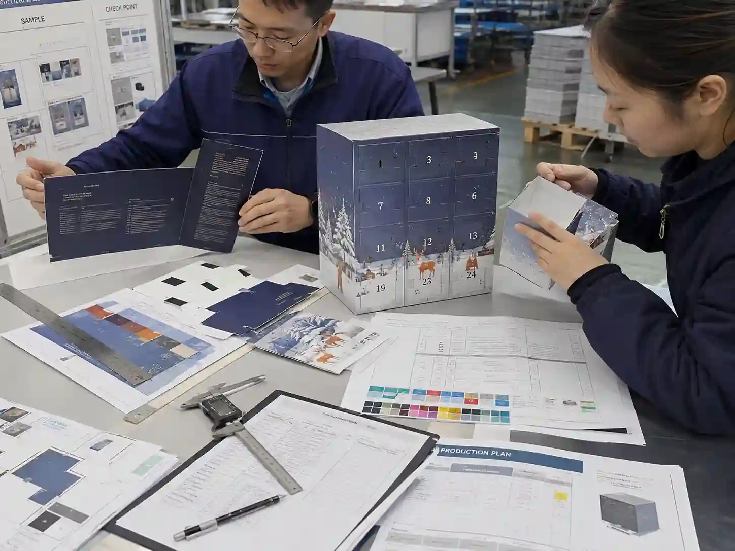 Packaging engineers validating legal copy positioning on assembled advent calendar production samples.
