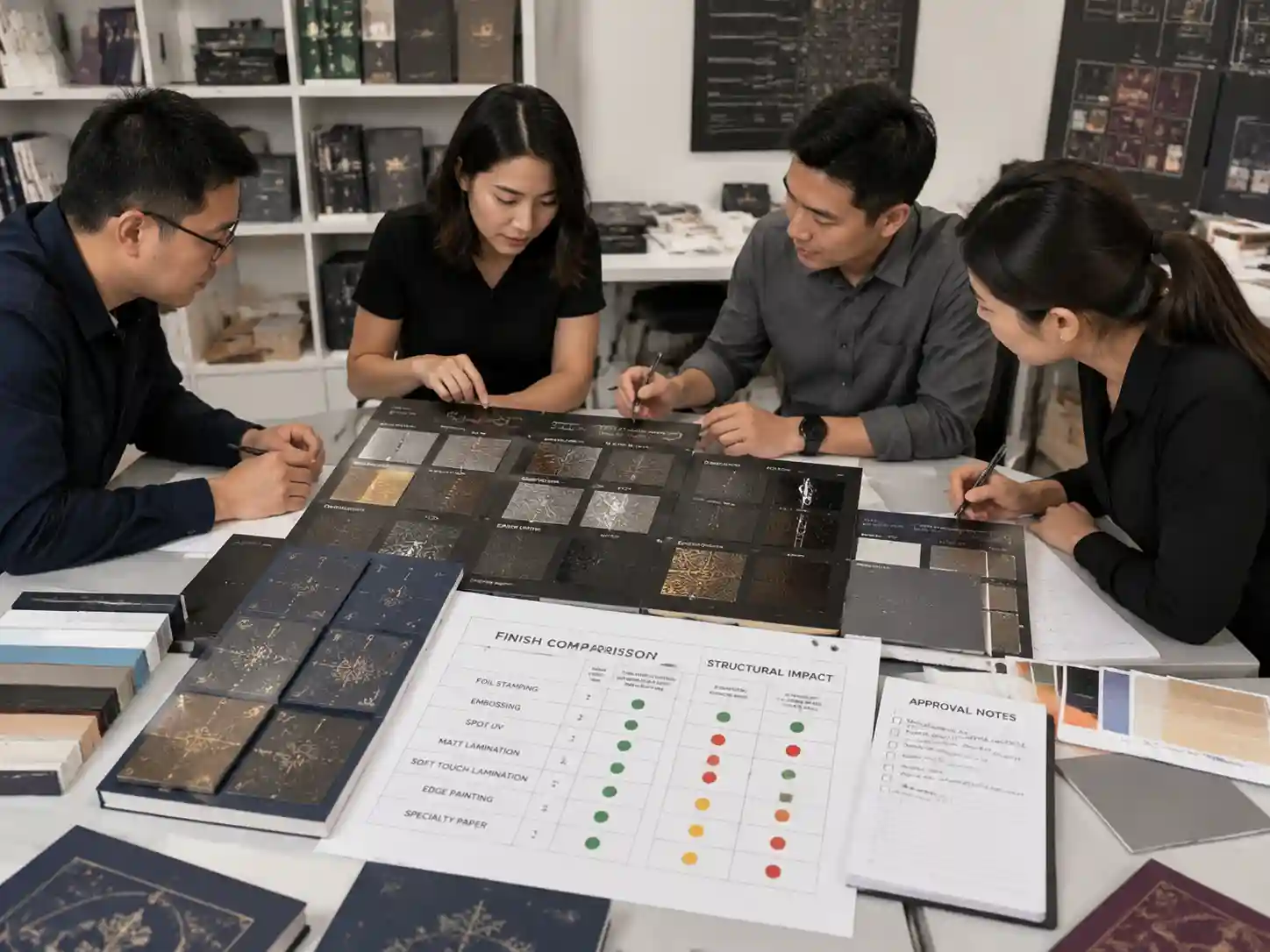 Packaging designers reviewing premium finishes and evaluating structural risk for advent calendar packaging