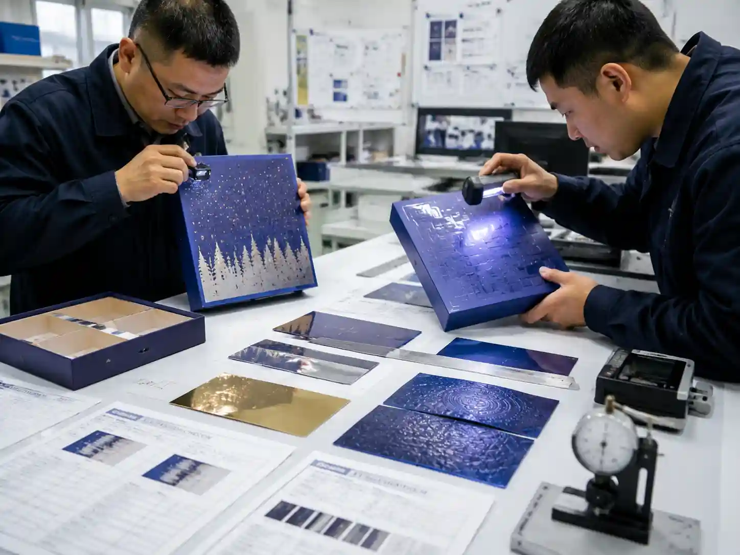 Engineering team testing premium packaging finishes for durability and structural safety
