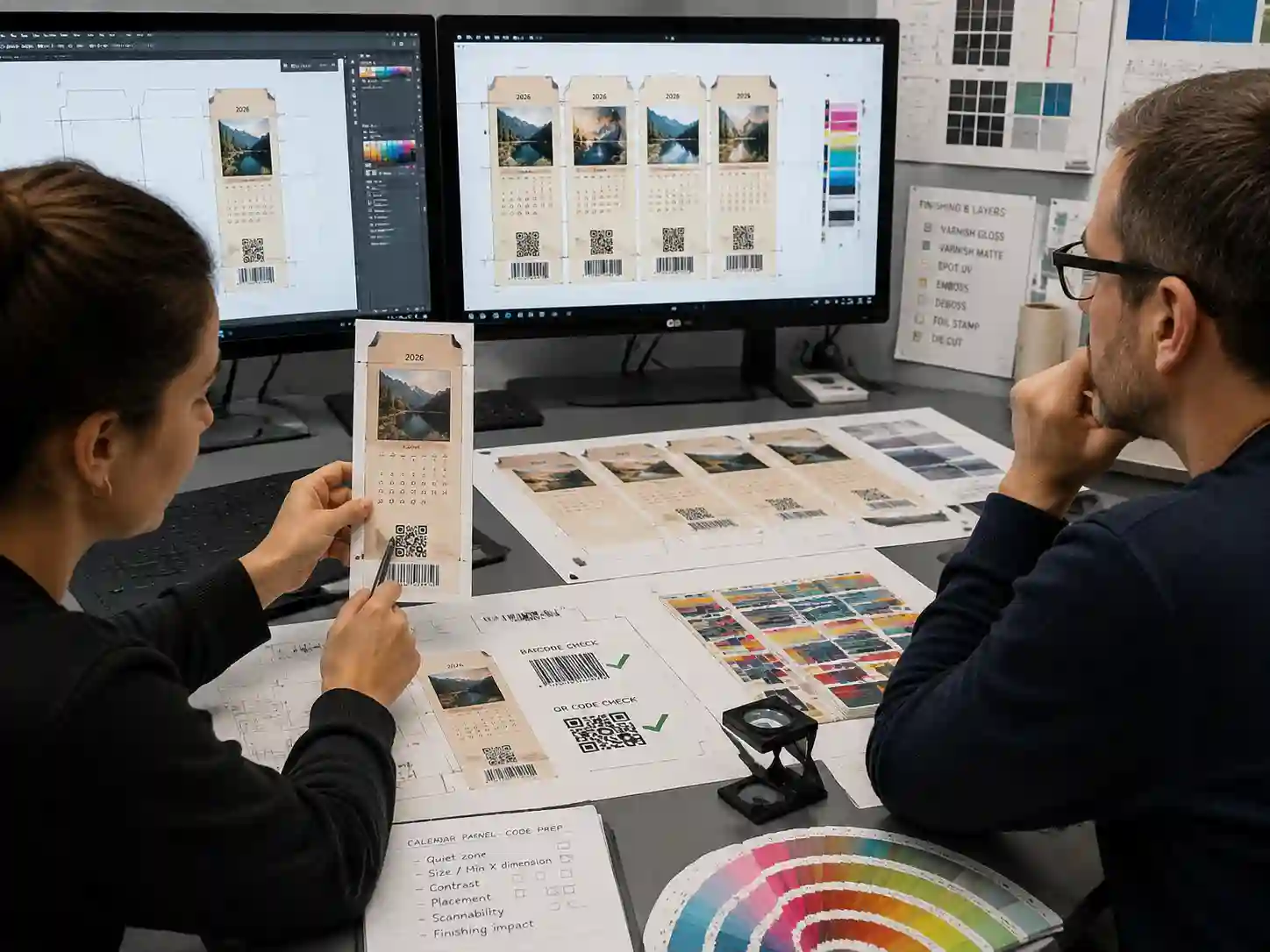 Packaging designers reviewing barcode and QR code placement on small calendar panel artwork with dielines and prepress checks.