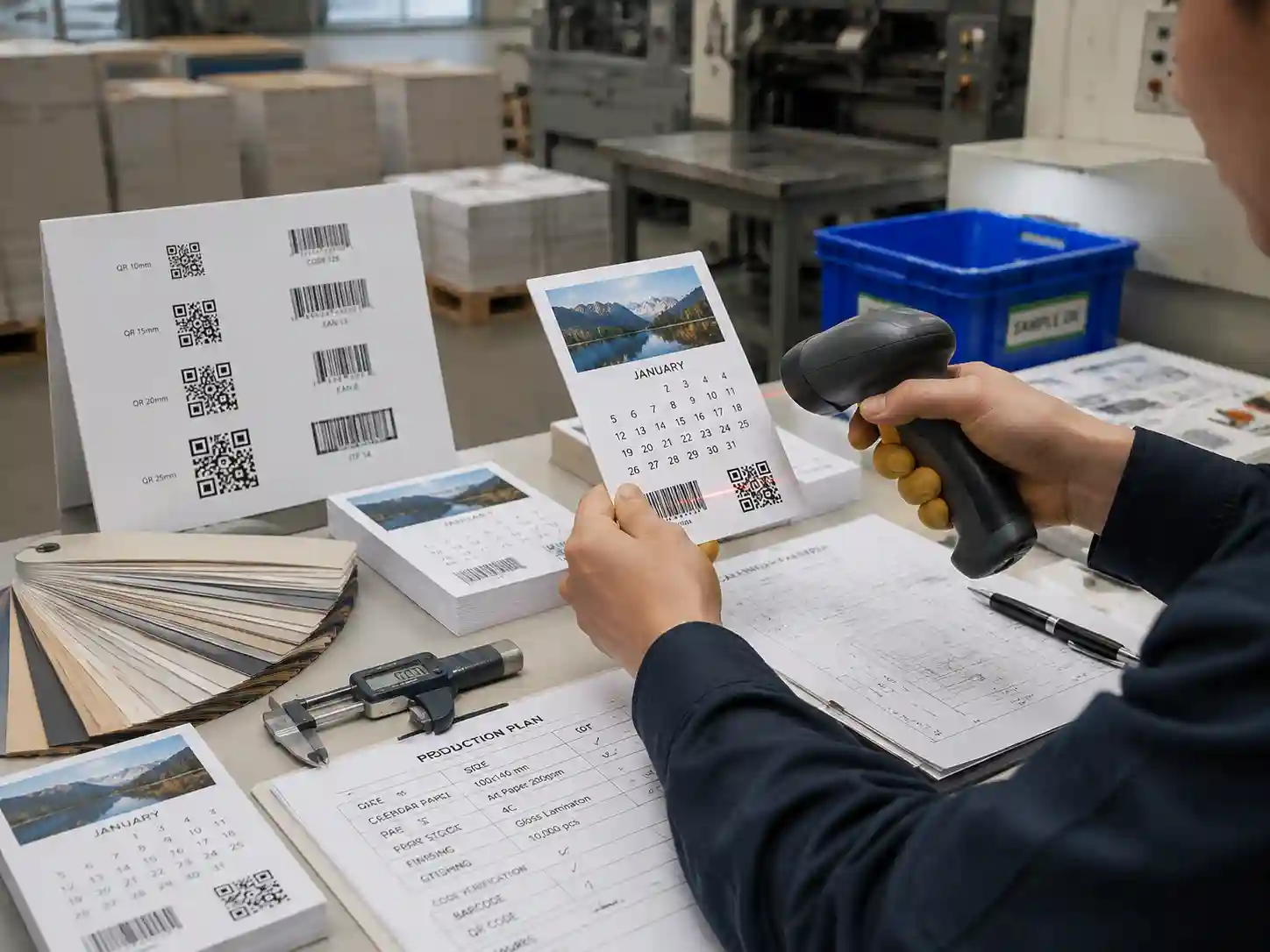 Packaging engineers testing barcode and QR code samples on printed small calendar panels during production planning.