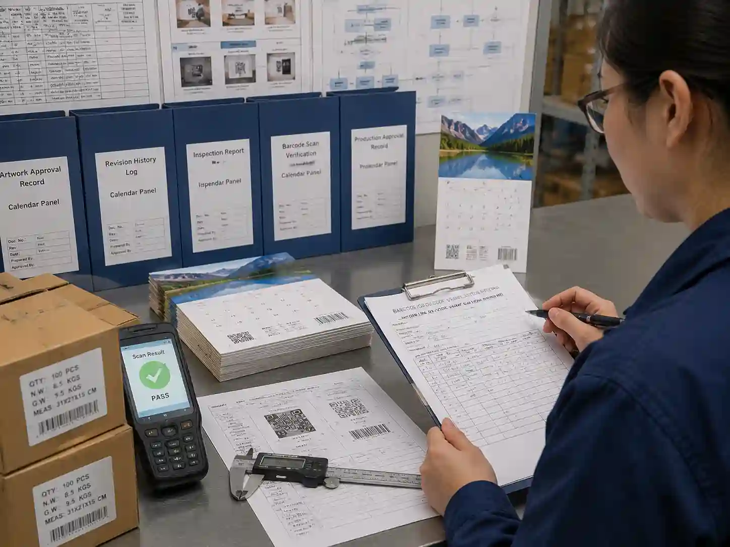 Quality control staff verifying barcode and QR code approval records for small calendar panel packaging.