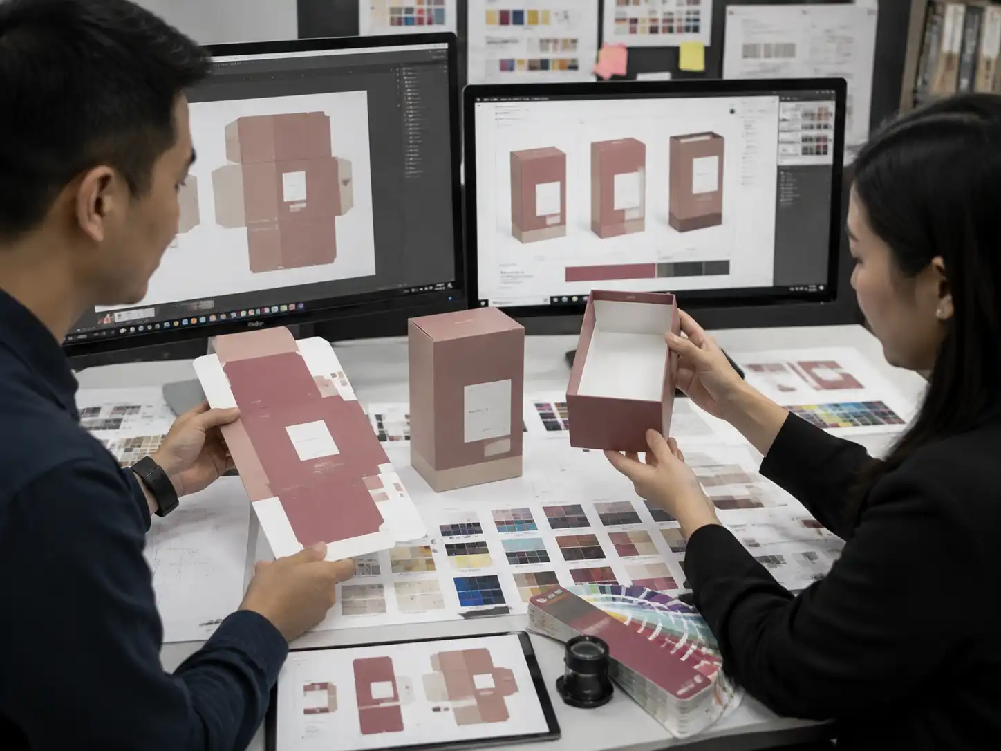 Packaging designers reviewing artwork and color controls for matching outer box and internal components.