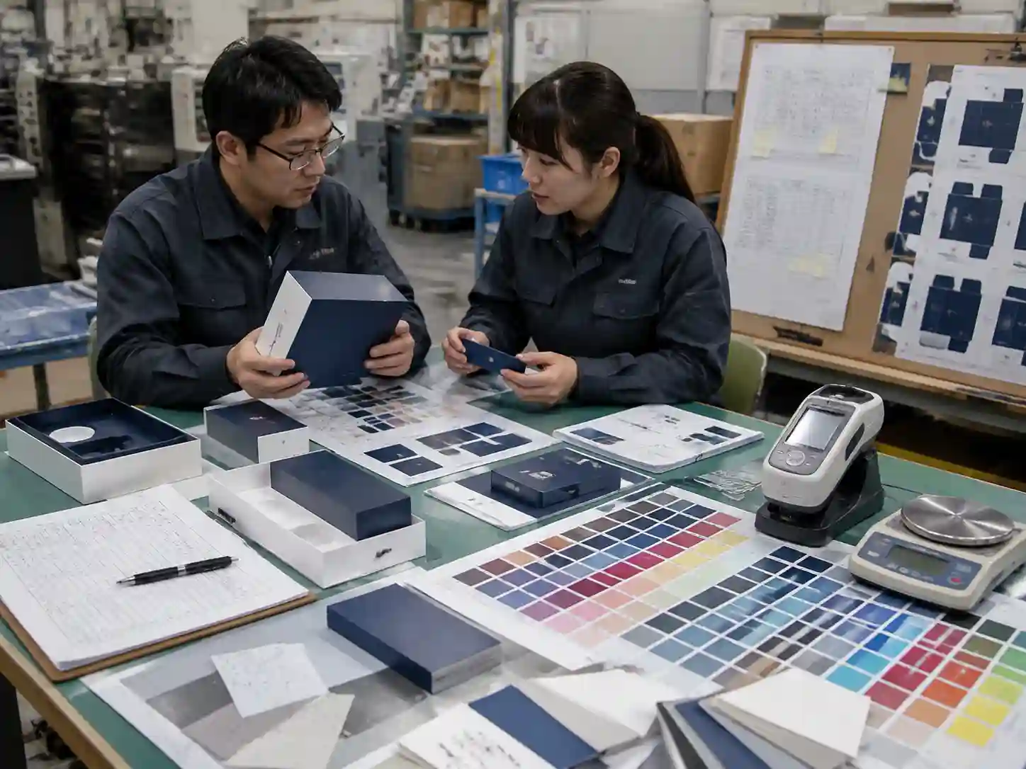 Packaging engineers validating color consistency between outer box and internal components using samples.