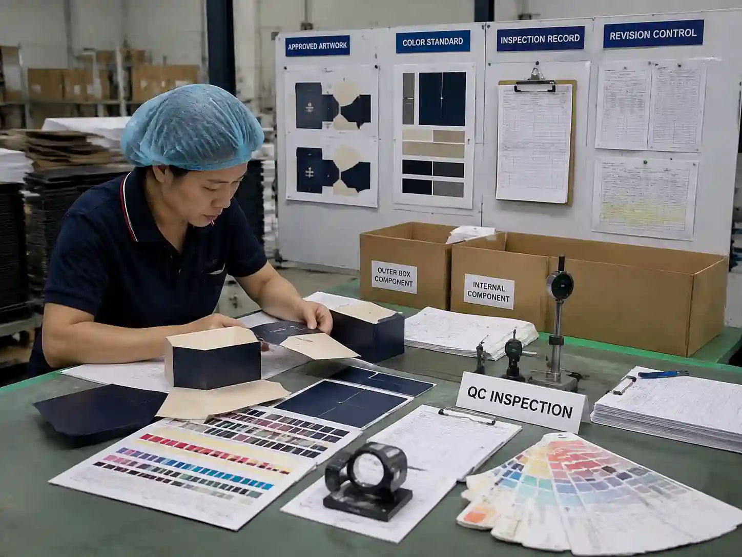 Quality control staff verifying approved color records and inspection samples for packaging components.