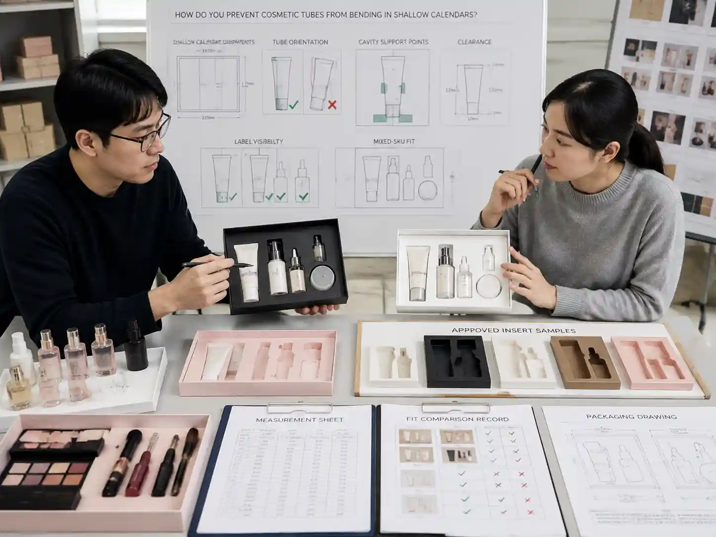 Packaging specialists reviewing cosmetic tube support and compartment design for shallow advent calendars