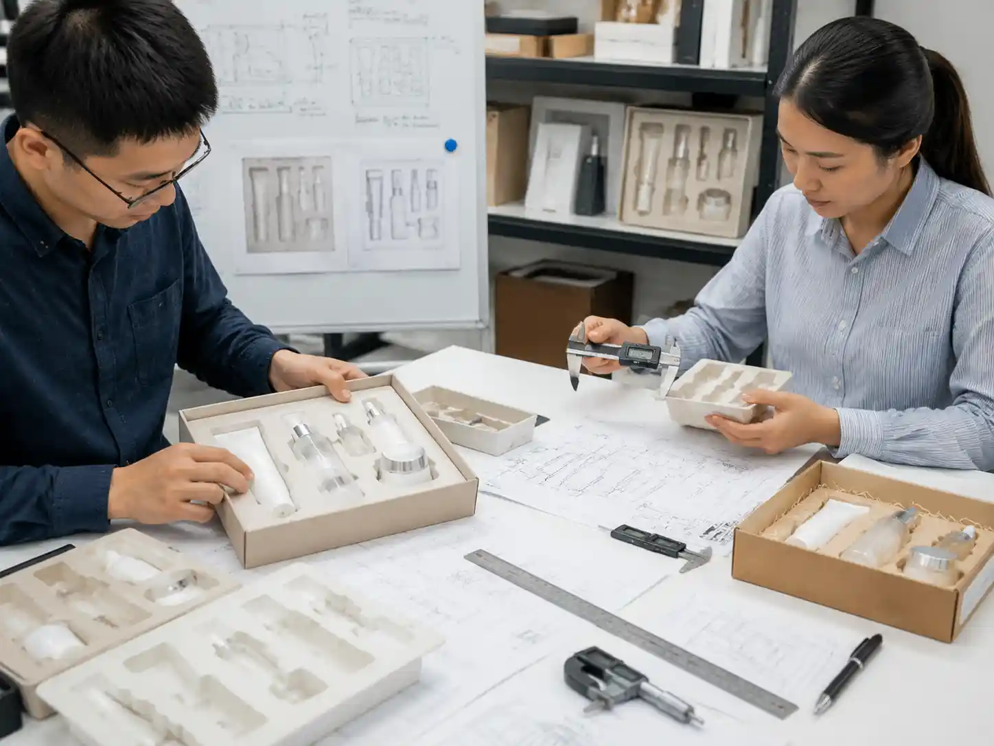 Packaging engineers testing cosmetic tube fit and support inside shallow calendar compartments