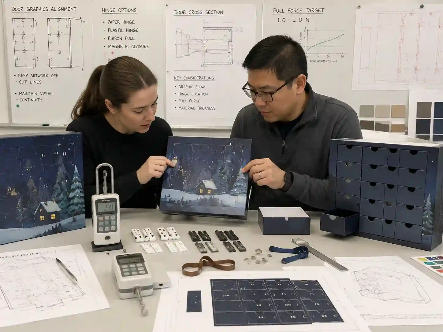 Engineers reviewing artwork alignment across advent calendar door cut lines with structural drawings and prototype samples.
