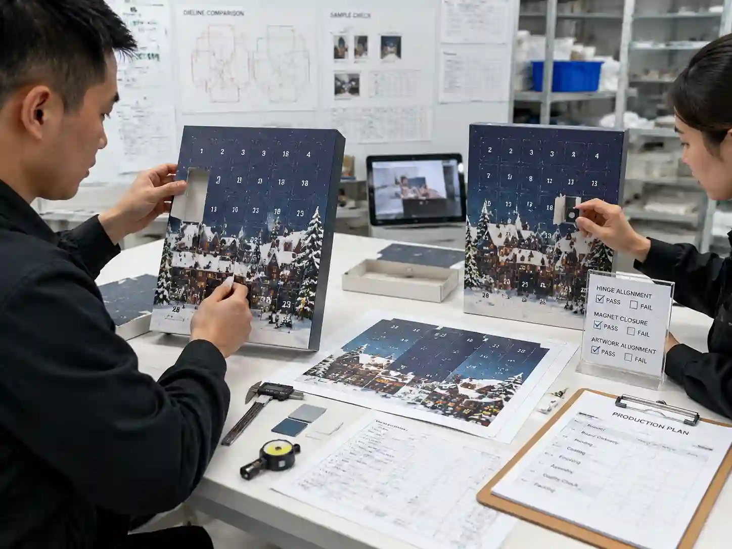 Packaging technicians validating printed door graphics placement during advent calendar prototype testing.