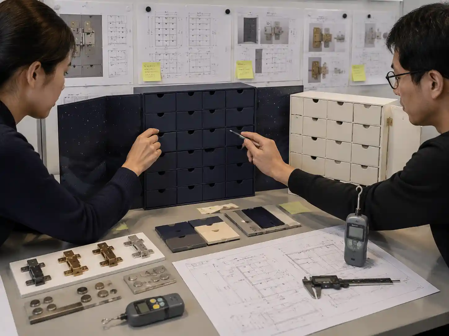 Packaging engineers reviewing drawer front alignment for a 24-drawer advent calendar structure with prototypes and measurement tools.