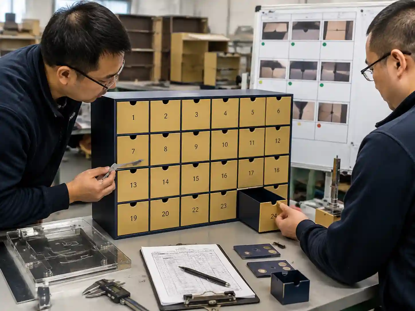 Engineering team testing drawer alignment and movement performance on a 24-drawer calendar prototype.