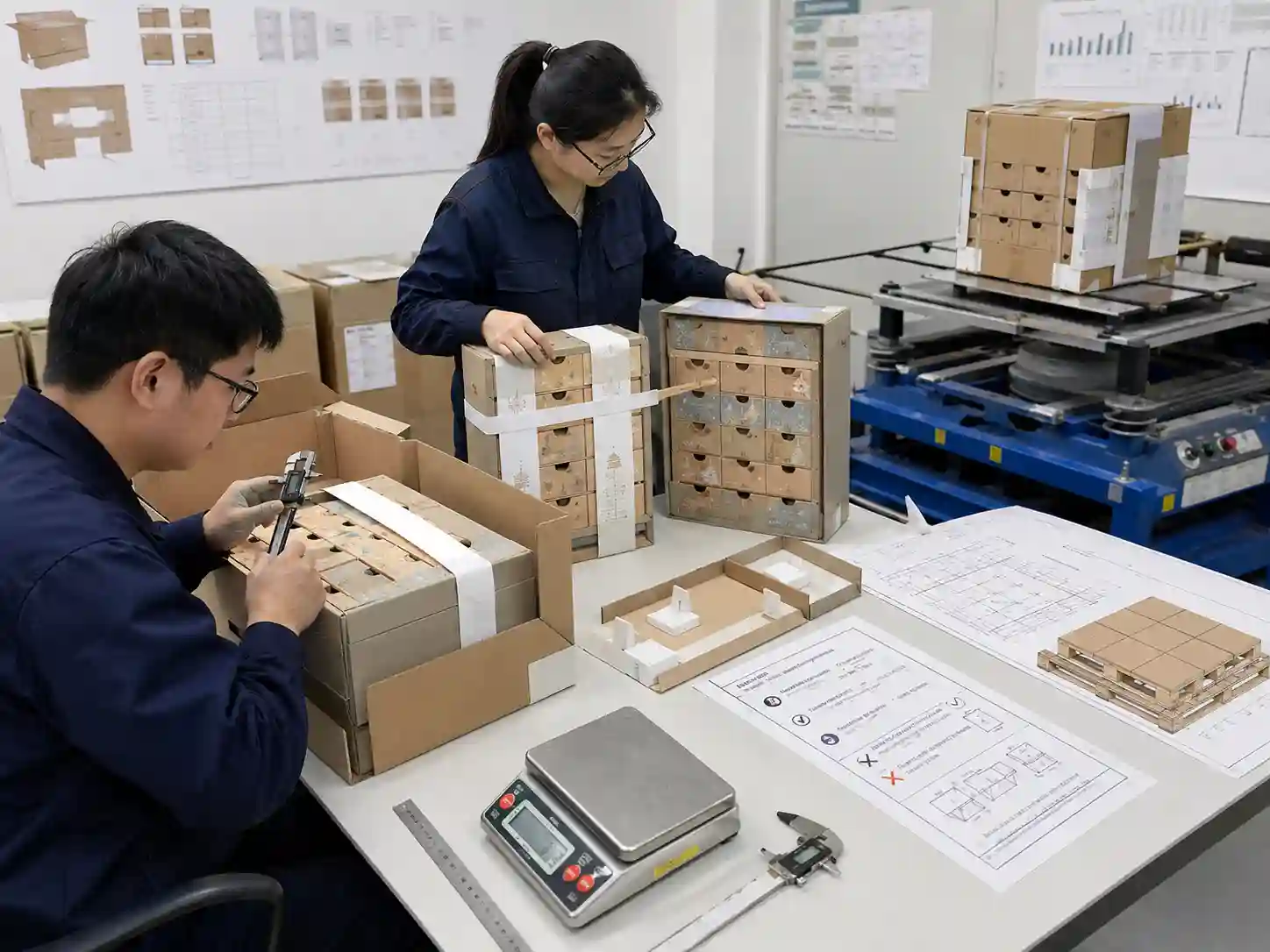 Packaging engineers testing drawer restraint, carton clearance, and protective materials for advent calendar export packing.