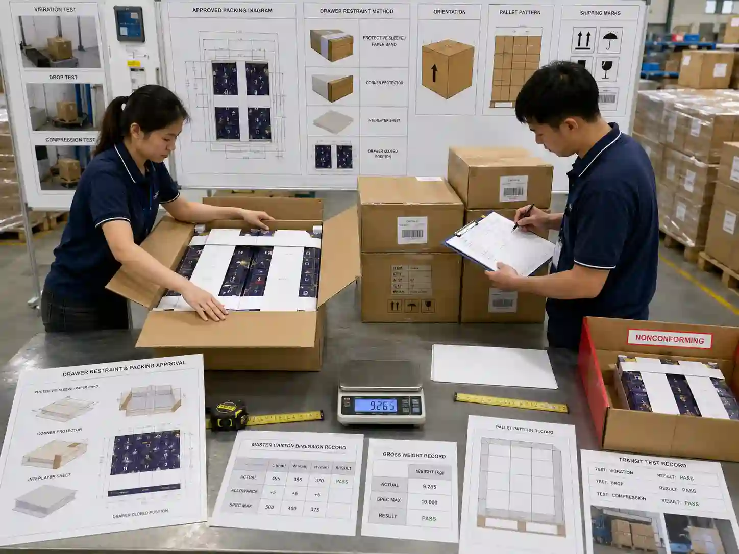 QC staff verifying drawer restraint, carton measurements, packing records, and pallet plans before advent calendar shipment.