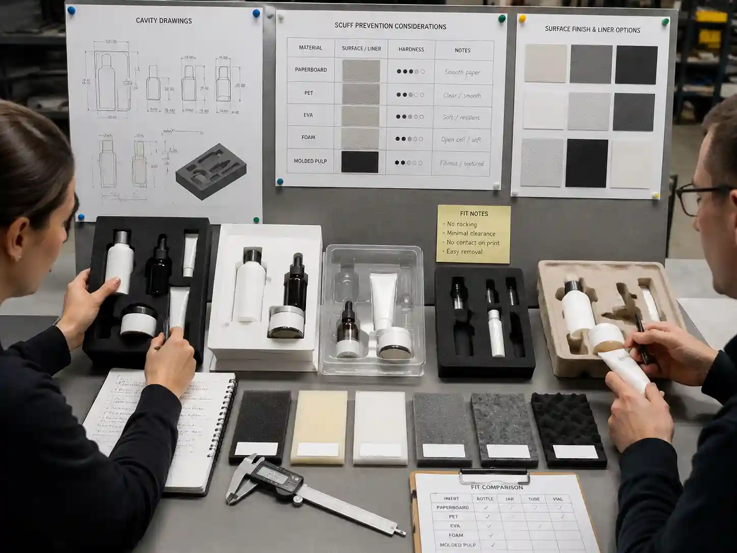 Packaging engineers reviewing foam insert cavity design to prevent scuffing on printed products