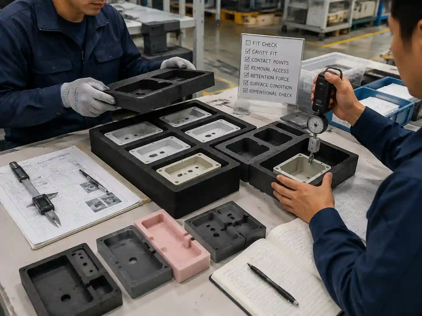 Technicians testing foam insert samples for printed product surface protection