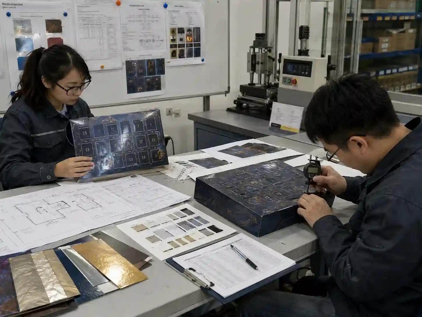 Packaging engineers testing foil durability across hinges during engineering sample validation.