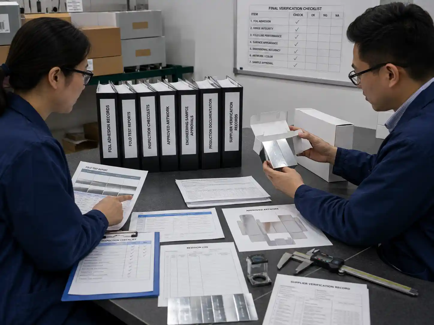 Quality control team verifying foil adhesion and fold durability before production approval.