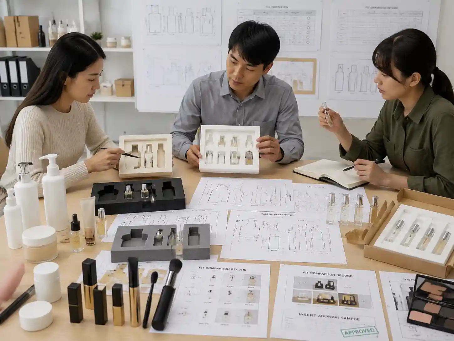 Packaging specialists reviewing fragrance vial fit, insert support, and rattle prevention methods