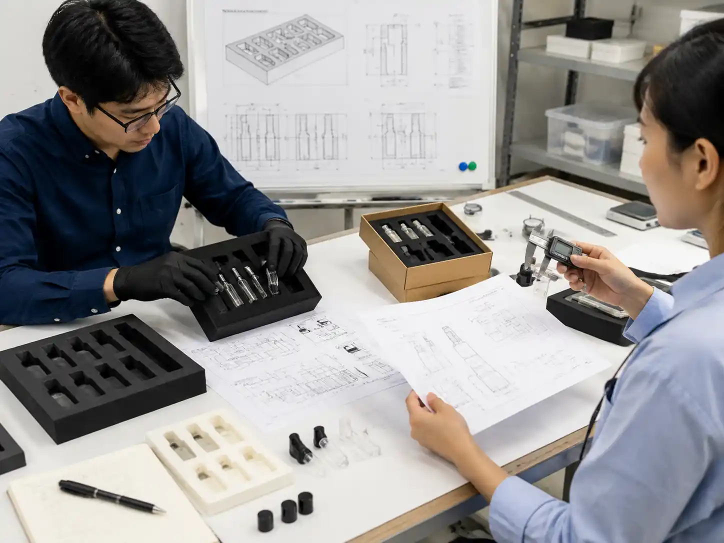 Packaging engineers testing perfume vial inserts and measuring fit for rattle prevention
