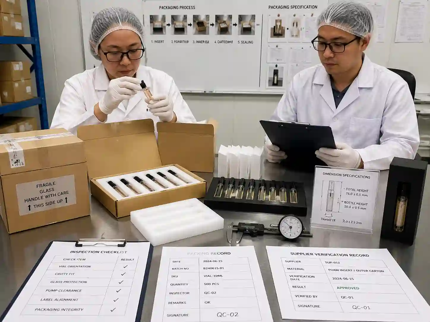 QC inspection records verifying fragrance vial packaging fit and delivery protection