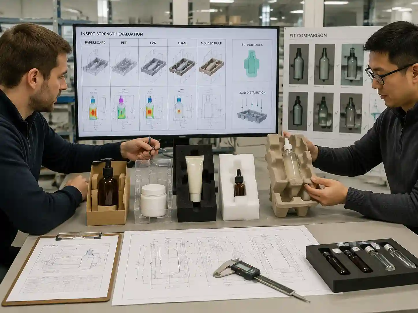 Packaging engineers reviewing insert designs to prevent heavy product insert collapse