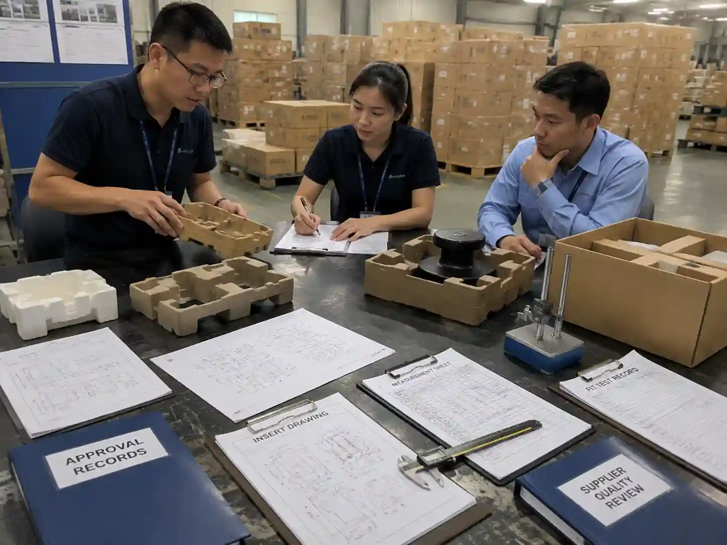 QC inspection of heavy product inserts with measurement records and approval documents