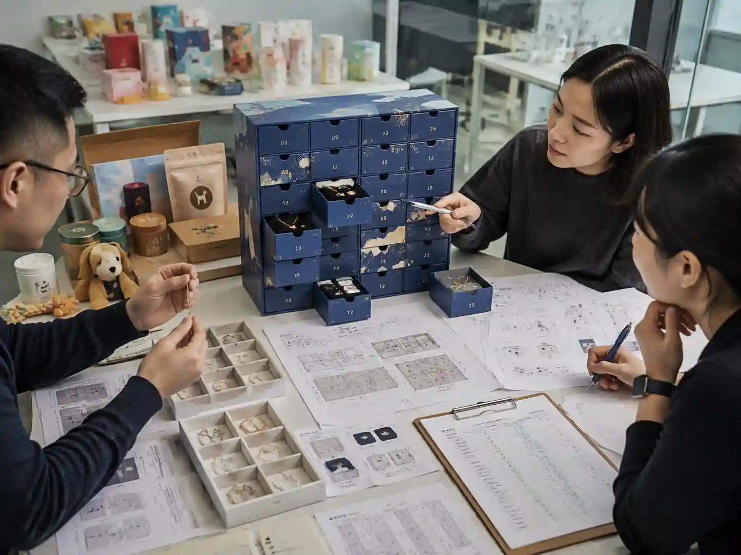 Packaging specialists reviewing small drawer jewelry compartments designed for chain tangle prevention.