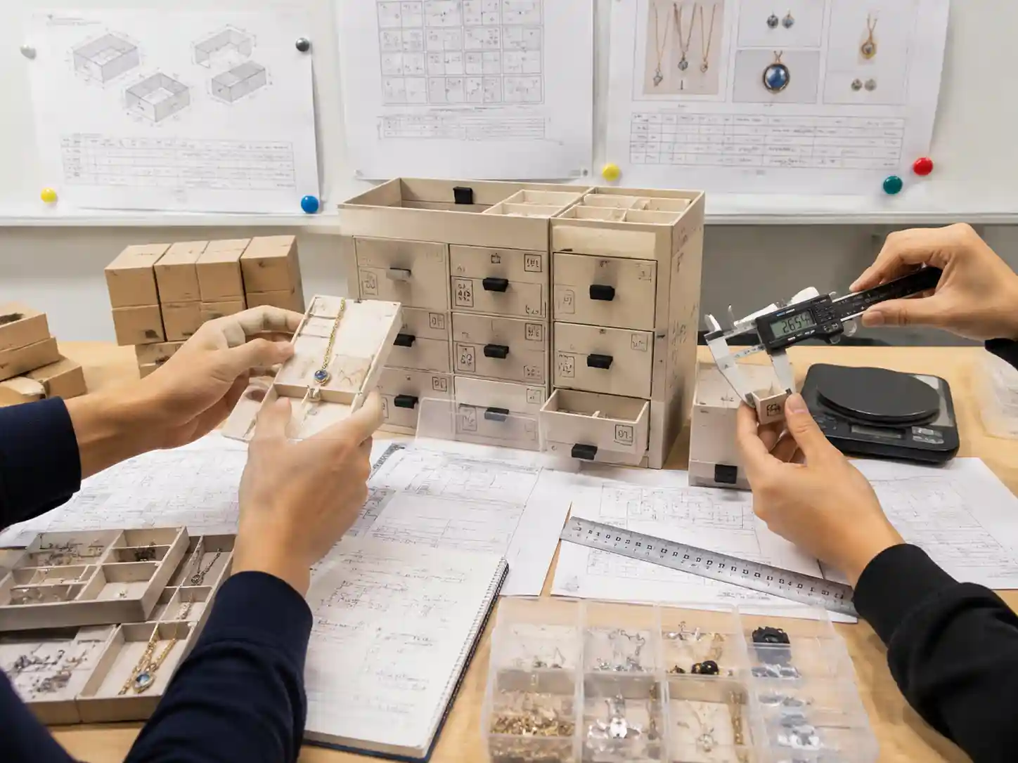 Packaging engineers testing drawer inserts for jewelry chain separation and movement control.