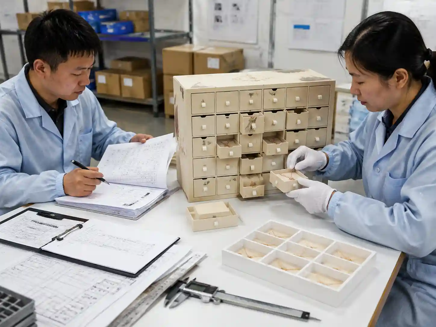 QC inspection of small drawer jewelry packaging with records and measurement verification.