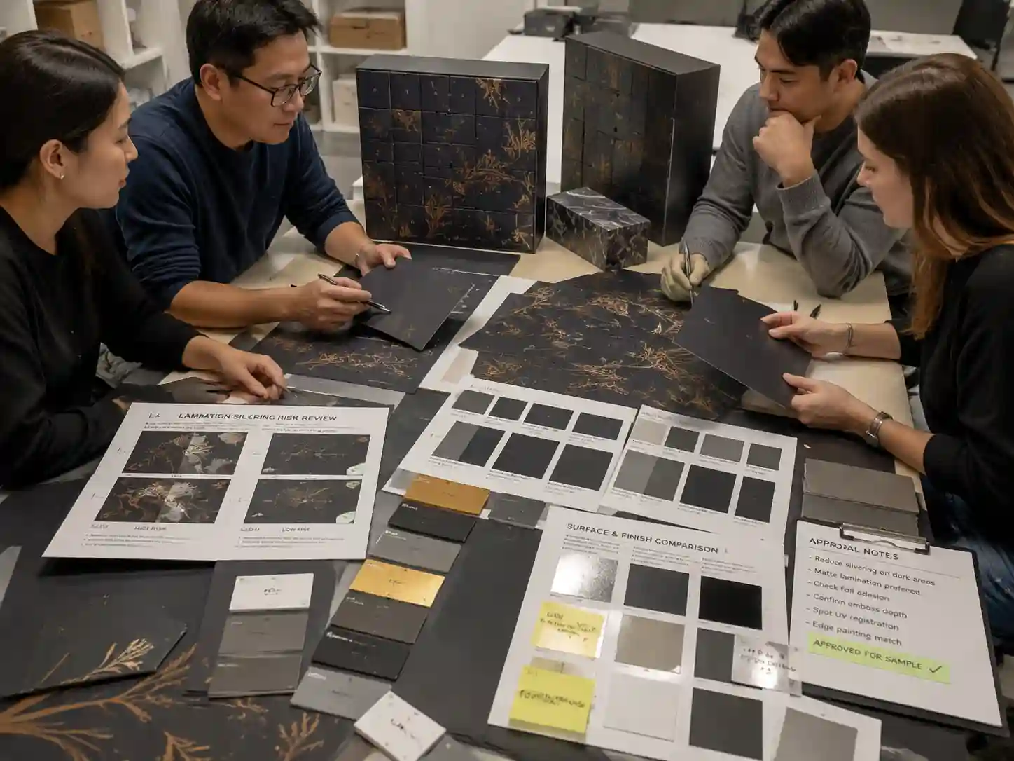 Packaging designers reviewing dark artwork lamination samples to prevent silvering defects