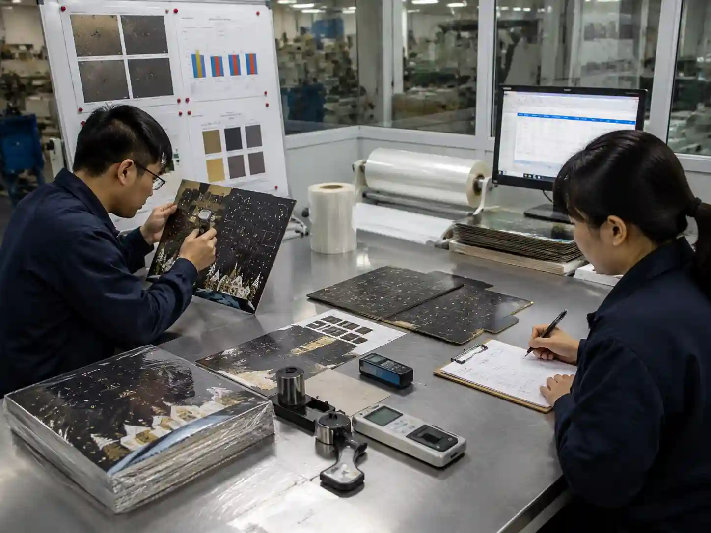 Packaging engineers testing lamination bonding on dark printed packaging samples