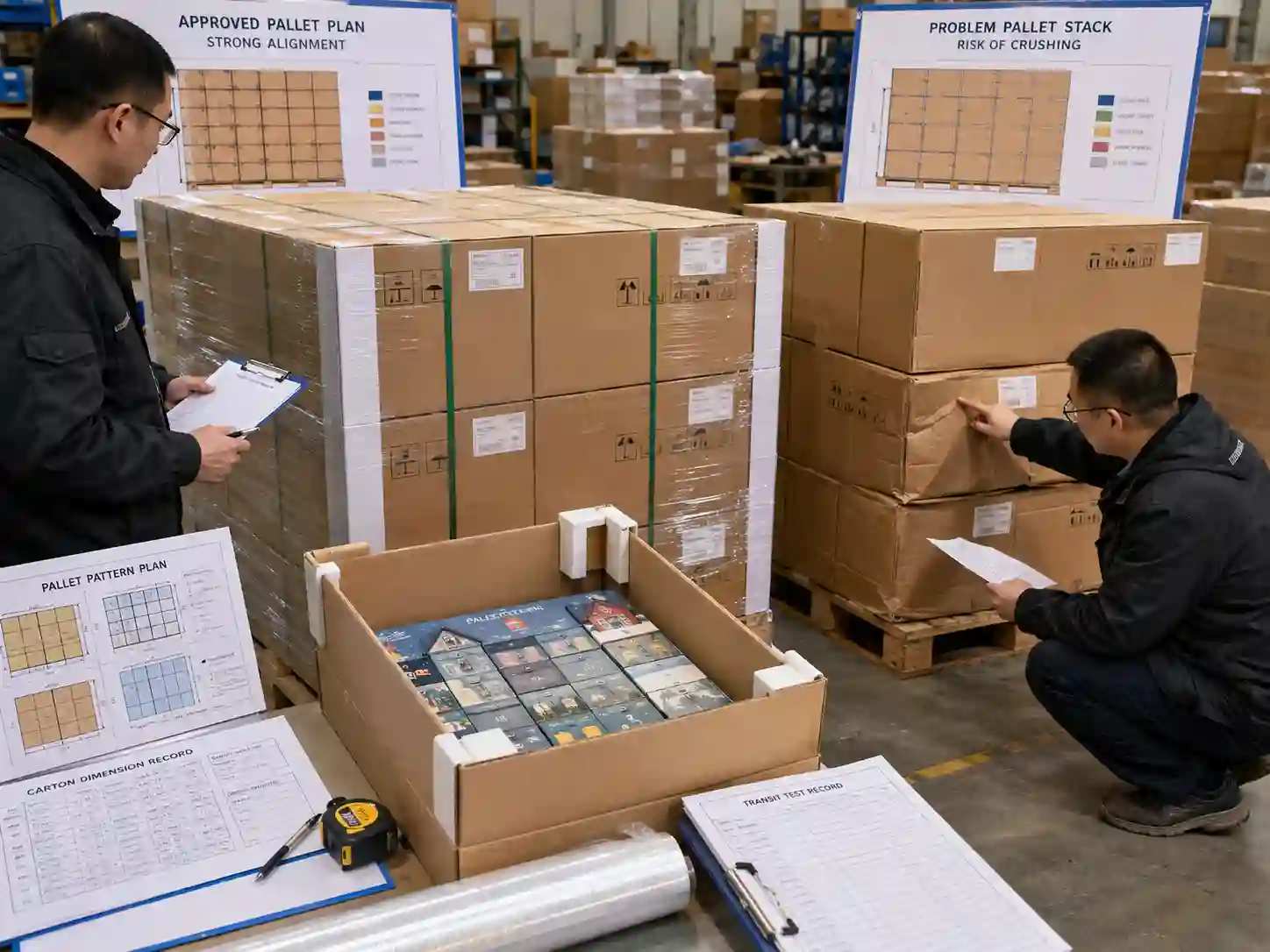 Packaging specialists review master-carton alignment and lower-layer crush risk for large advent calendar boxes on a pallet.