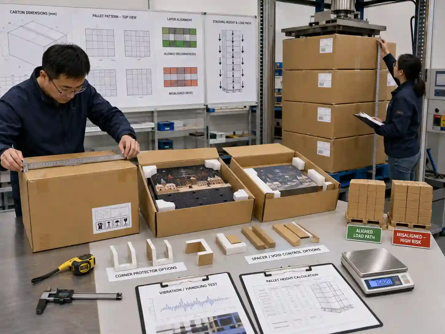 Packaging engineers test master-carton support, void control and pallet stacking patterns for large advent calendar boxes.