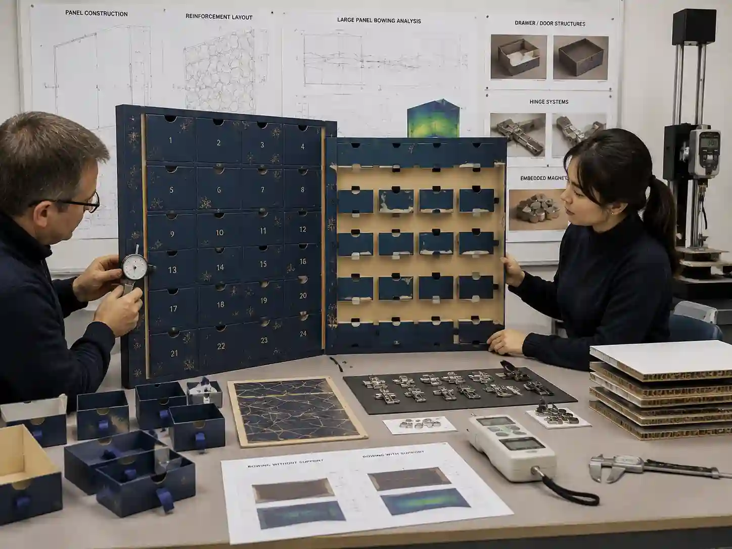 Engineers reviewing large advent calendar panel reinforcement and stability design to prevent bowing