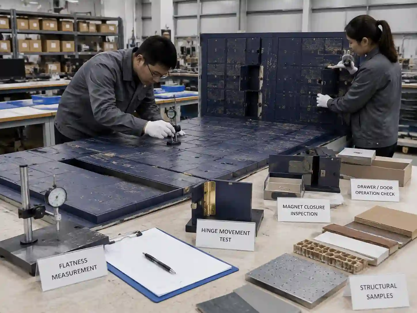 Technicians testing advent calendar prototypes for panel flatness and structural stability