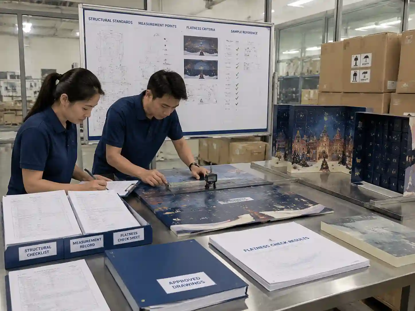 Quality control staff verifying large advent calendar panel flatness with inspection records and samples