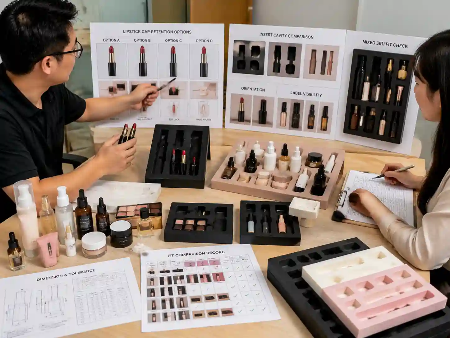 Packaging specialists reviewing lipstick cap retention and insert fit for shipping protection.