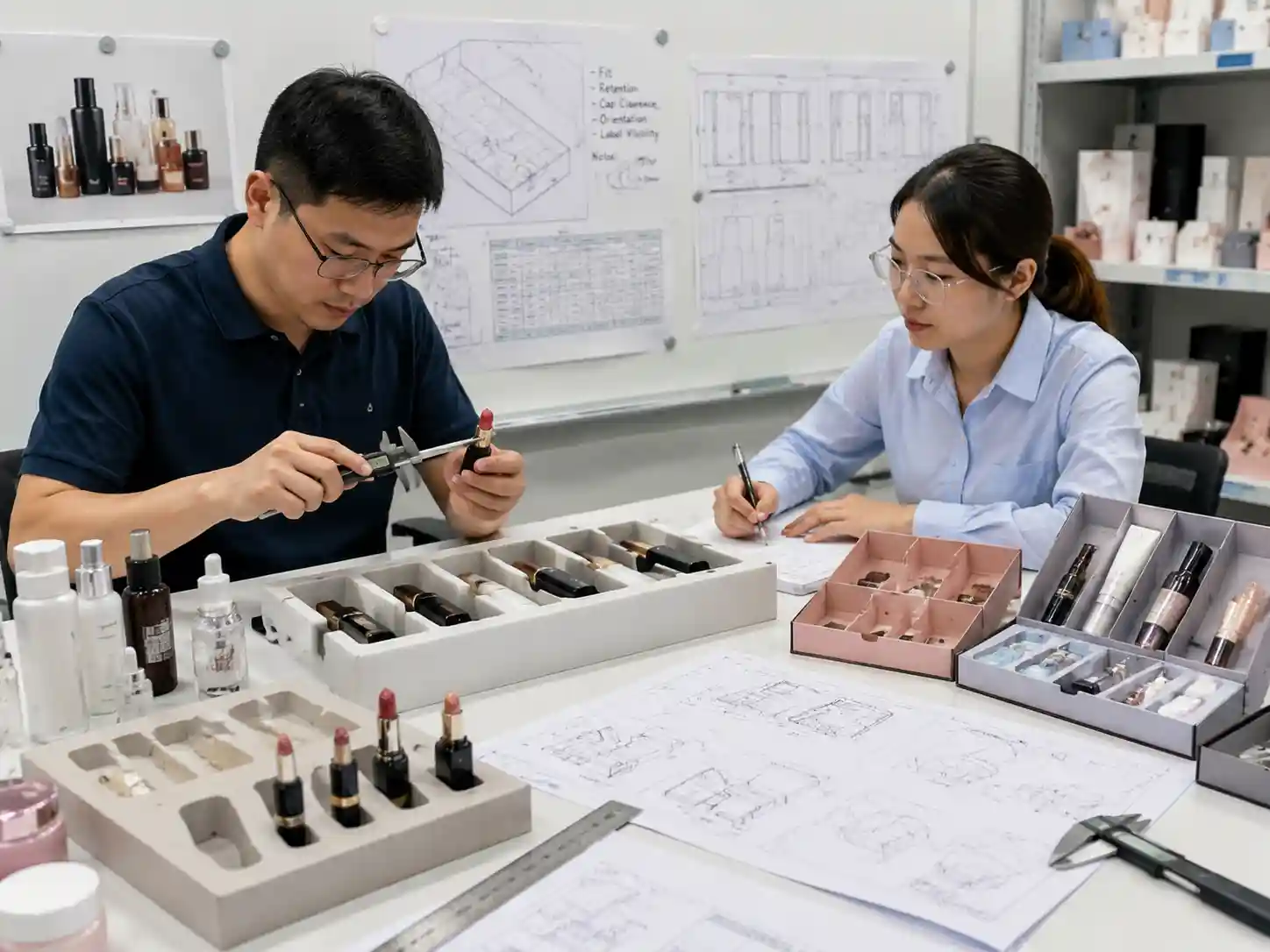 Packaging engineers testing lipstick insert cavities and cap protection requirements.