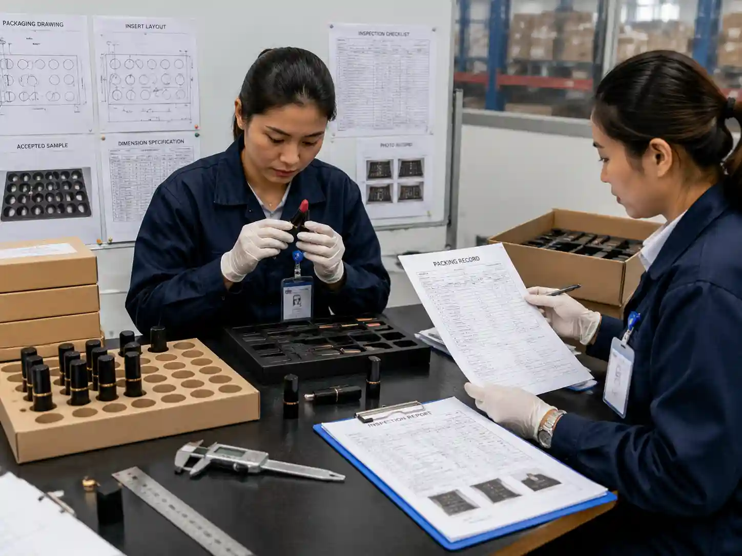 QC staff verifying lipstick packaging fit with inspection records and measurements.