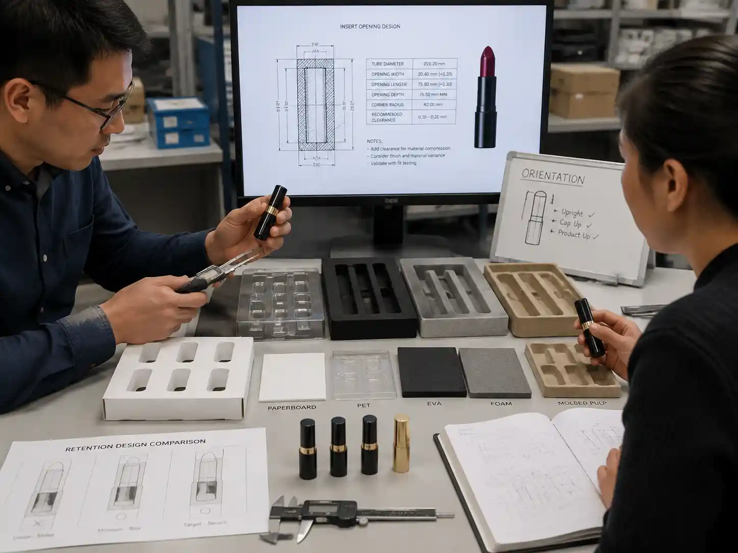 Packaging engineers reviewing lipstick tube insert opening size and retention design with cavity samples and measurement tools.