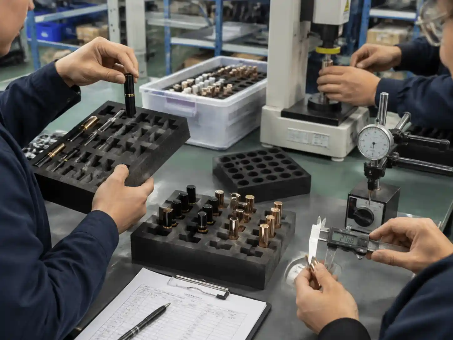 Technicians performing lipstick tube insert prototype fit testing and retention validation.