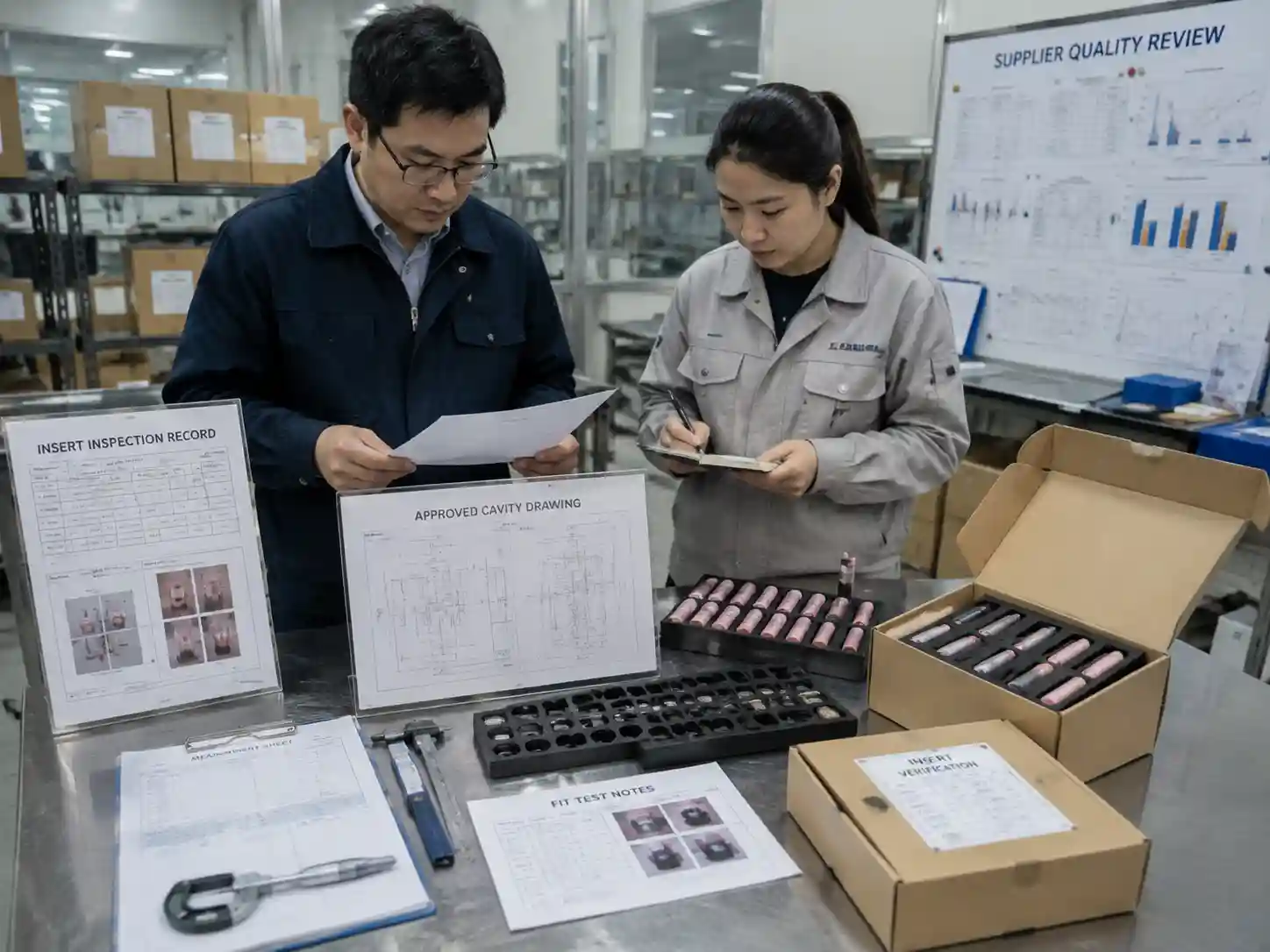 Quality control staff verifying lipstick insert dimensions, fit records, and production samples.