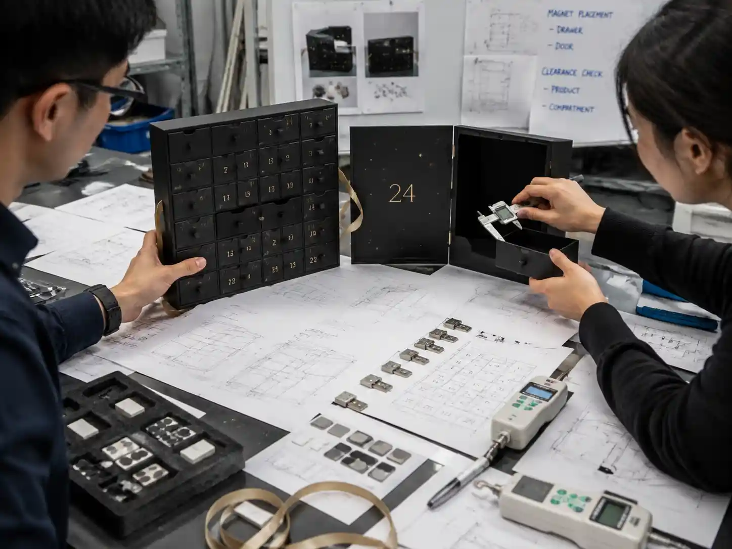 Engineers reviewing advent calendar magnet placement with structural drawings, compartments, and prototype closure checks.