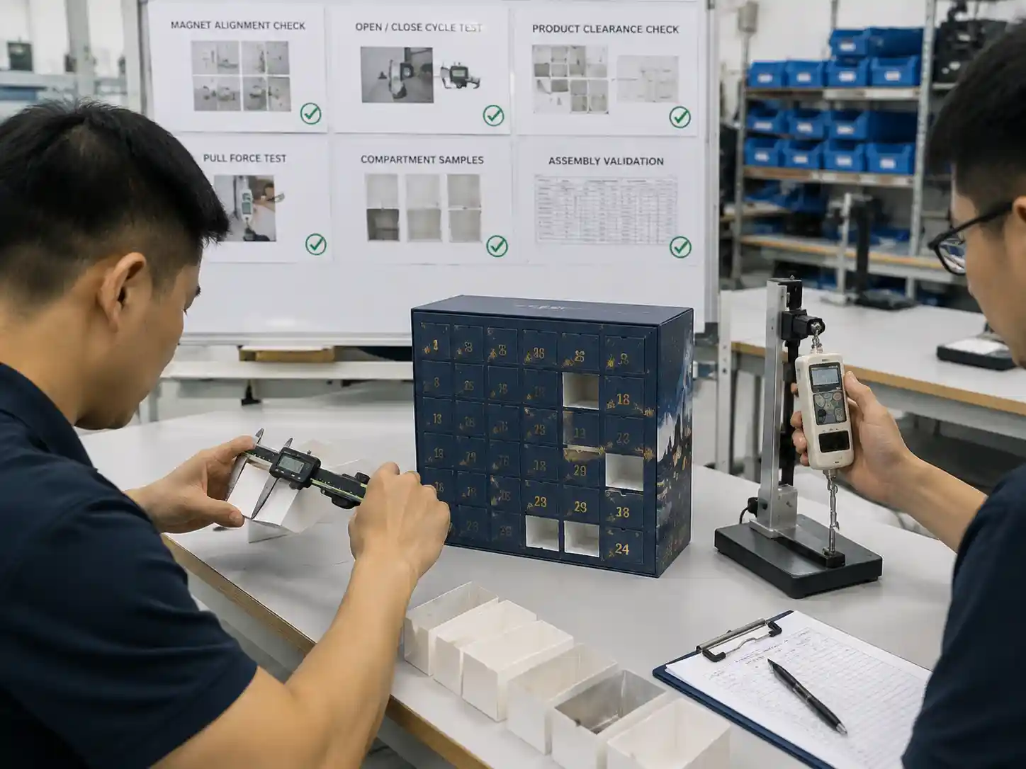 Technicians testing advent calendar magnet alignment, closure force, and compartment clearance during prototype validation.
